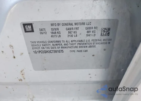 2012 Chevrolet Cruze Ls z USA, uszkodzony, nr VIN 1G1PC5SH3C7381675